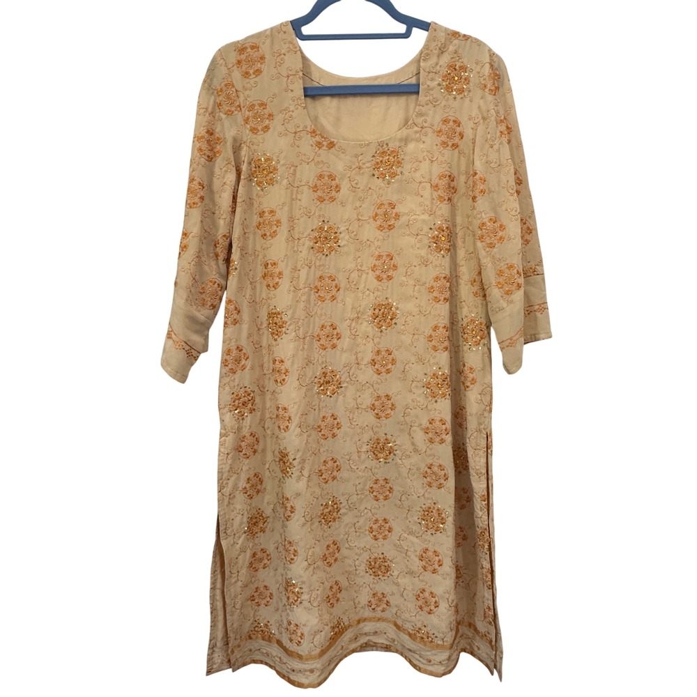 Vintage Kurta Kurti Tunic Tan Orange Embroidered Sequin Crepe Boho Indian M